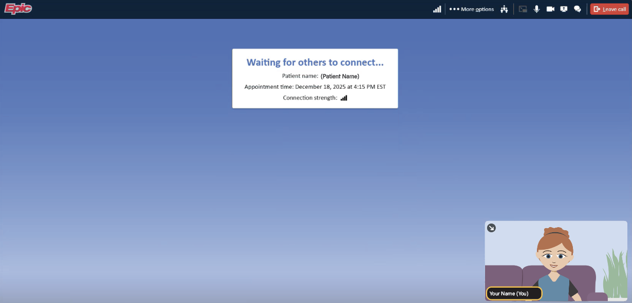 Screen shows digital waiting room while waiting for provider to join call